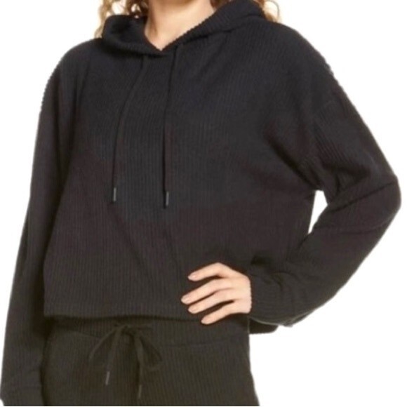NEW Zella Nordstrom Sloane Cozy Ribbed Black Hoodie Cropped Sweatshirt Size 2X - Picture 1 of 10